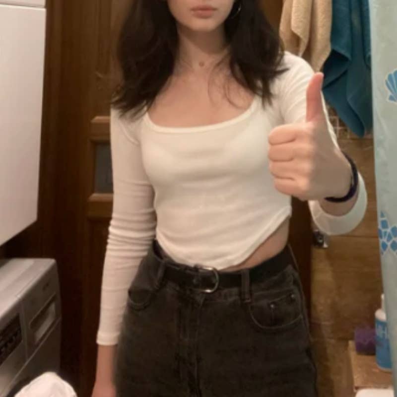 Knitted square-neck solid long-sleeved T-shirt