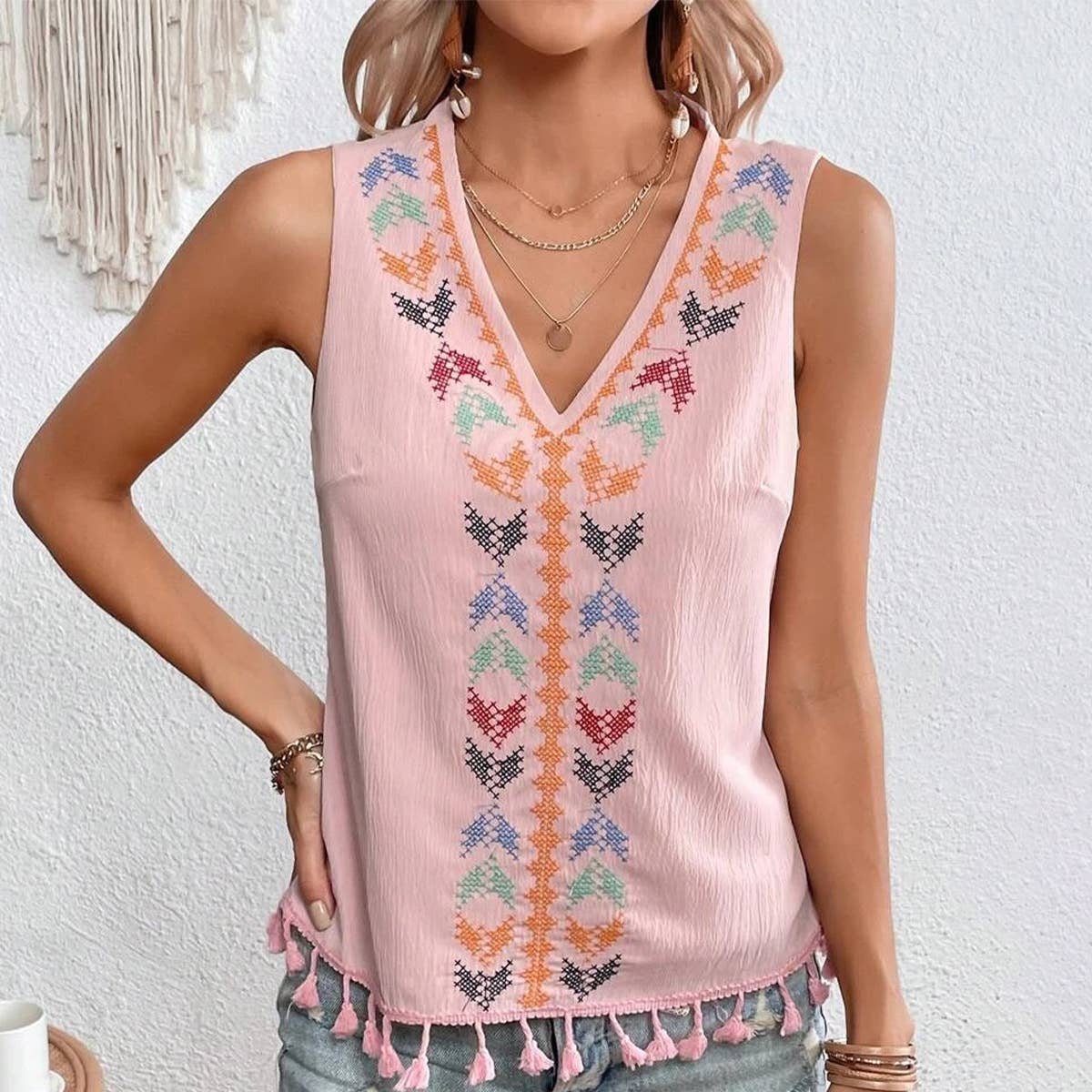 V-NECK EMBROIDERED STITCHING HEM BEARD BLOUSE