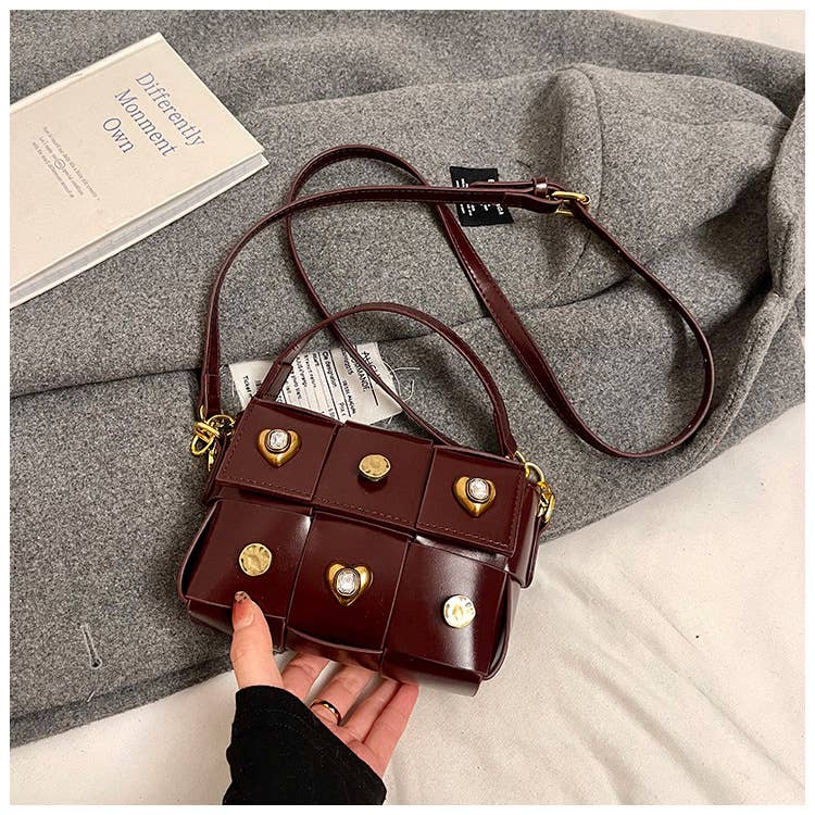 Fashionable spliced crossbody riveted square bag