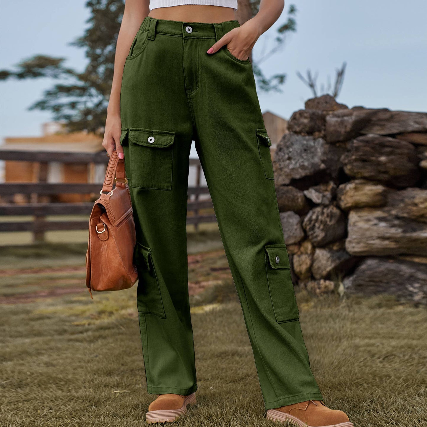 Semi-elastic personalized denim cargo pants