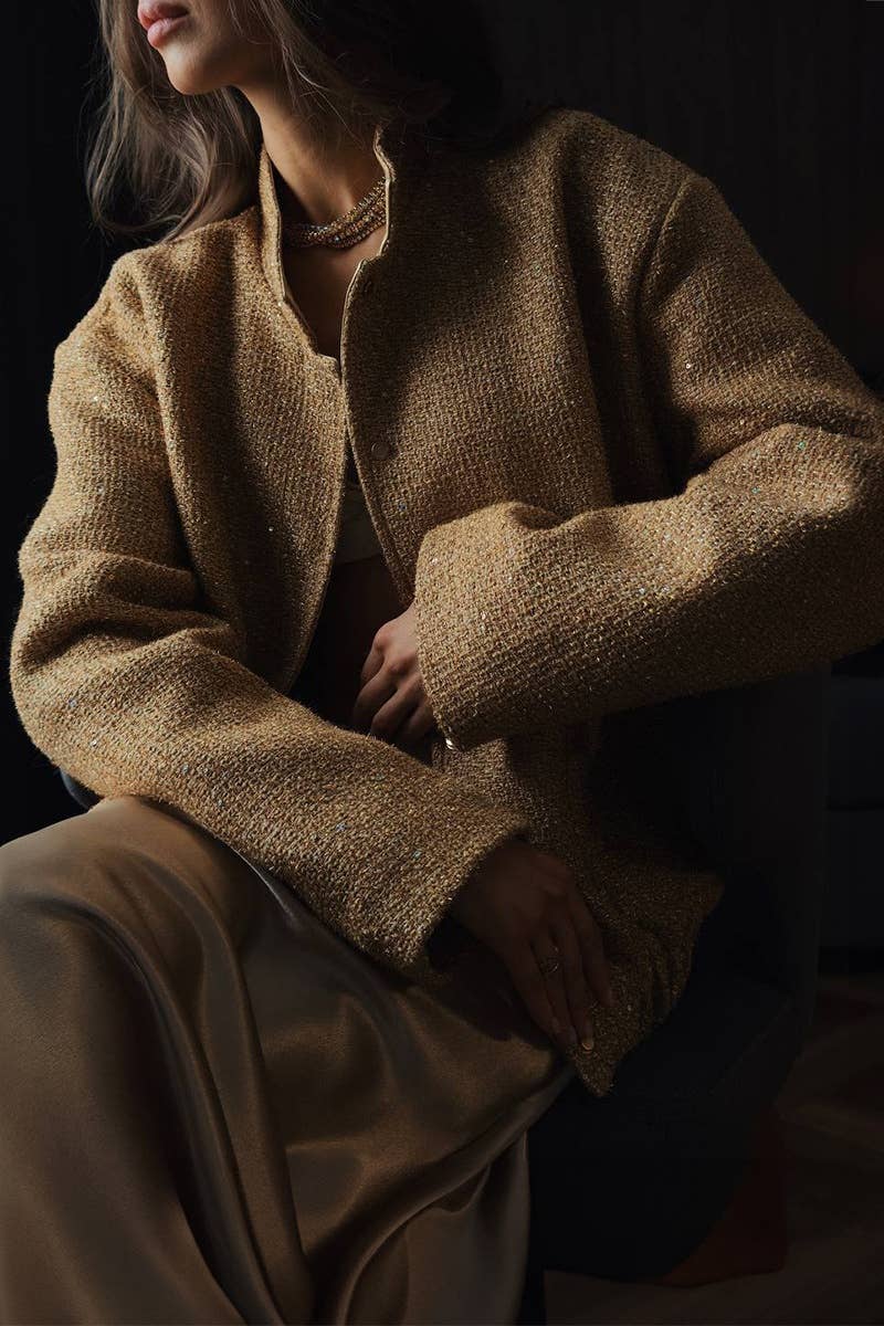 CWOCO0361_FALL FASHION GOLD SEQUIN LONG-SLEEVED JACKET