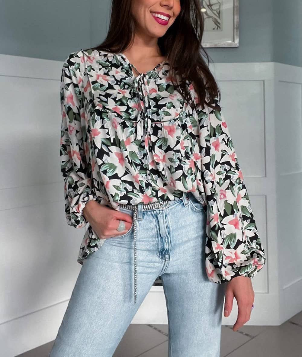 Lace-up printed loose shirt for women
