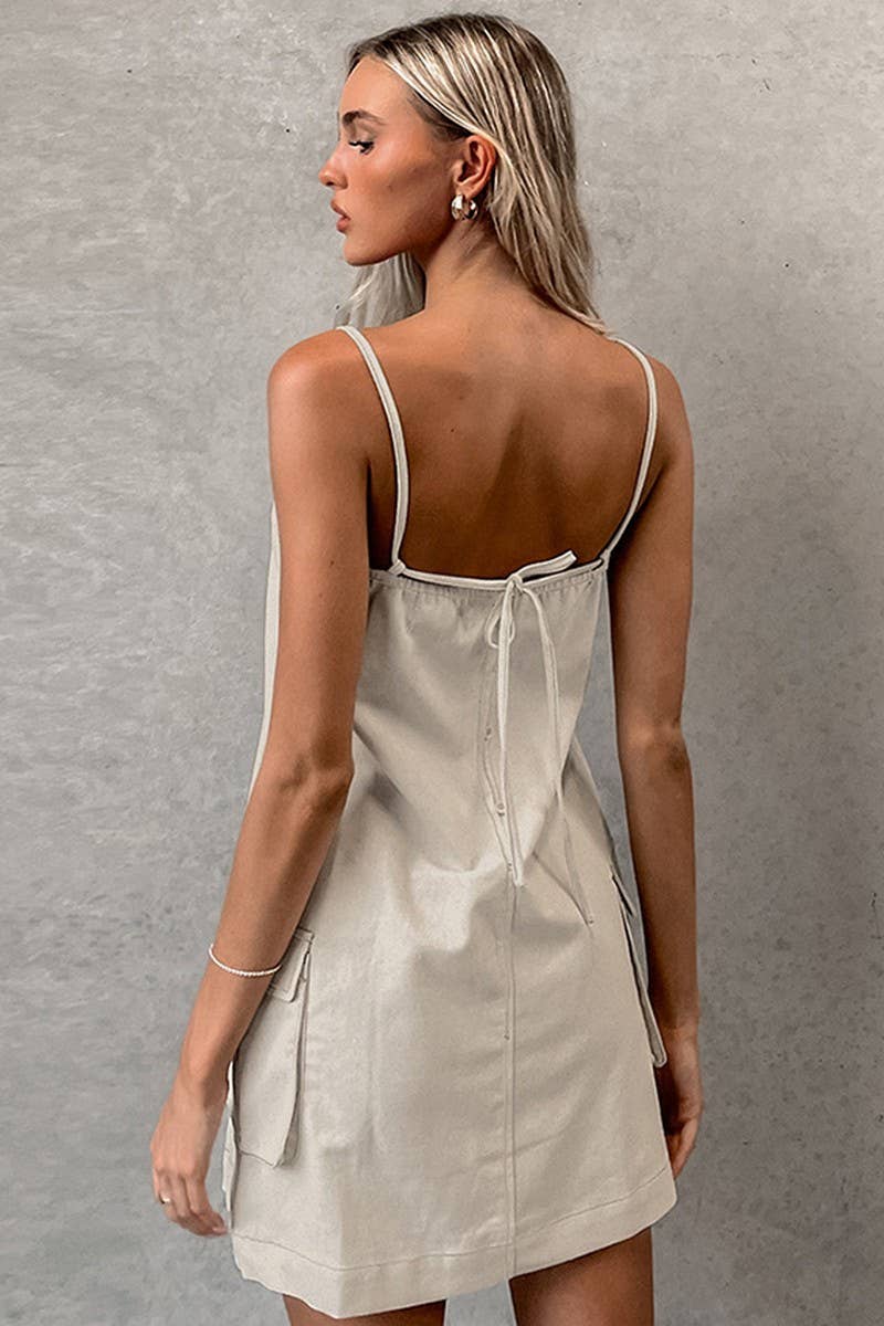 CWDSD6751_SOLID COLOR SLING POCKET BACKLESS DRESS