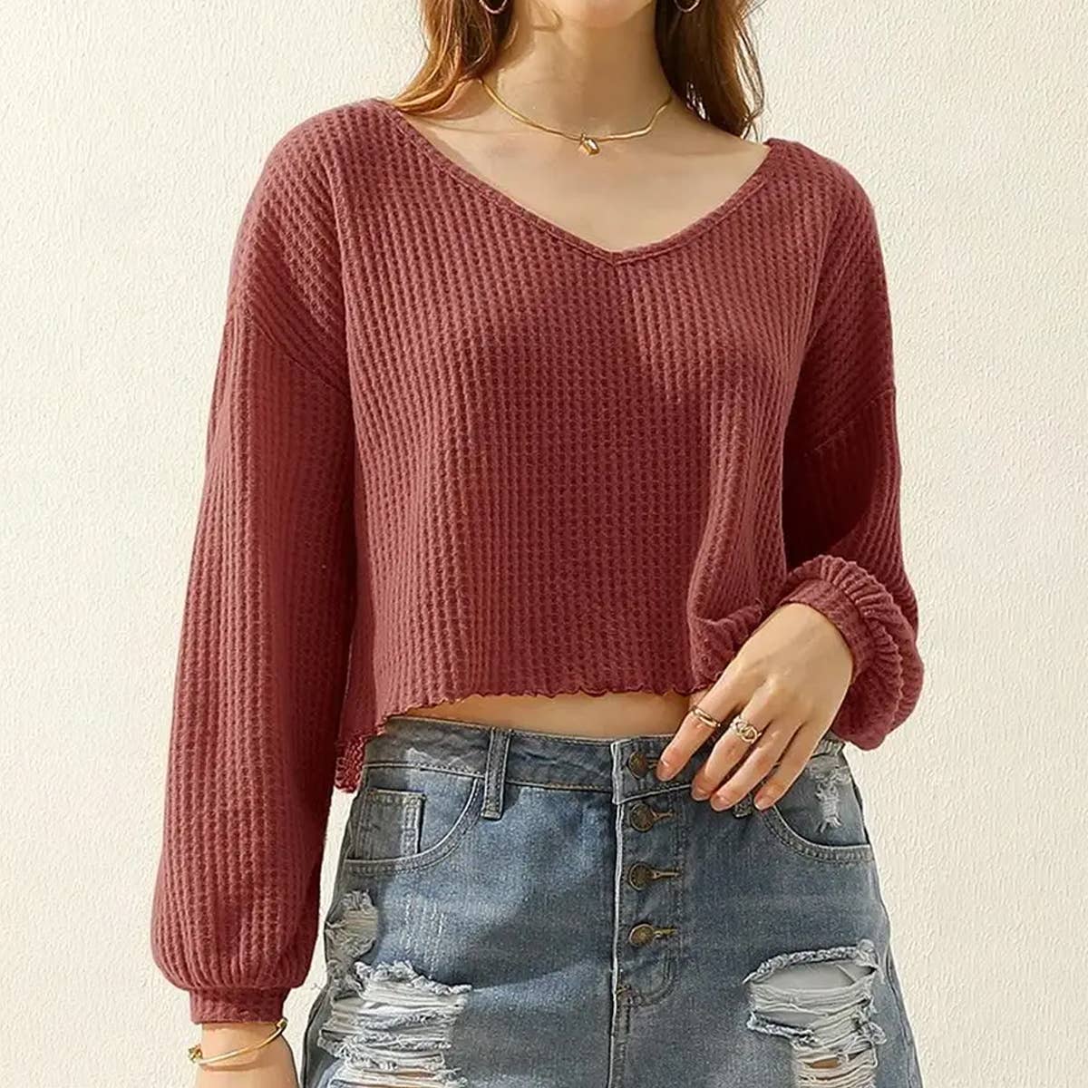 WOMEN V NECK LOOSE LONG SLEEVE BLOUSE_CWTTL1430
