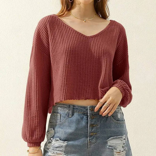 WOMEN V NECK LOOSE LONG SLEEVE BLOUSE_CWTTL1430