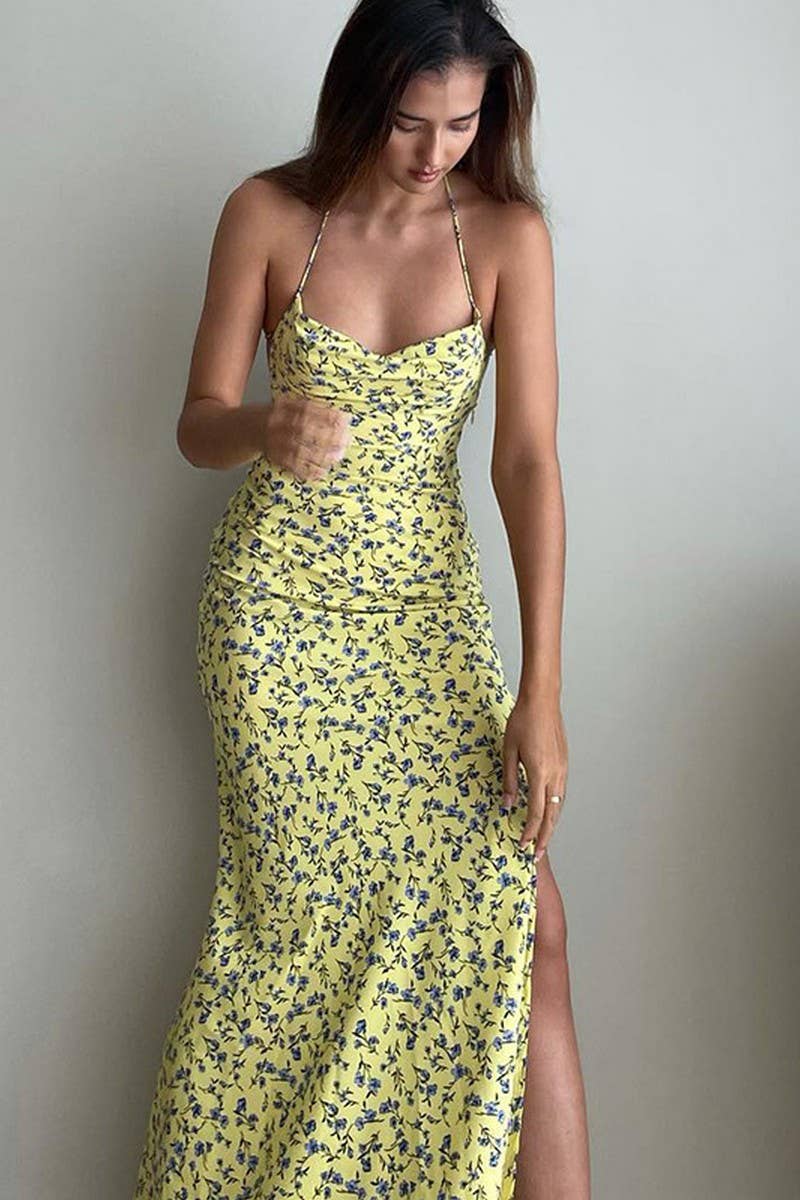 CWDHL0631_FLORAL SUSPENDER SKIRT SLIT BACKLESS SEXY DRESS