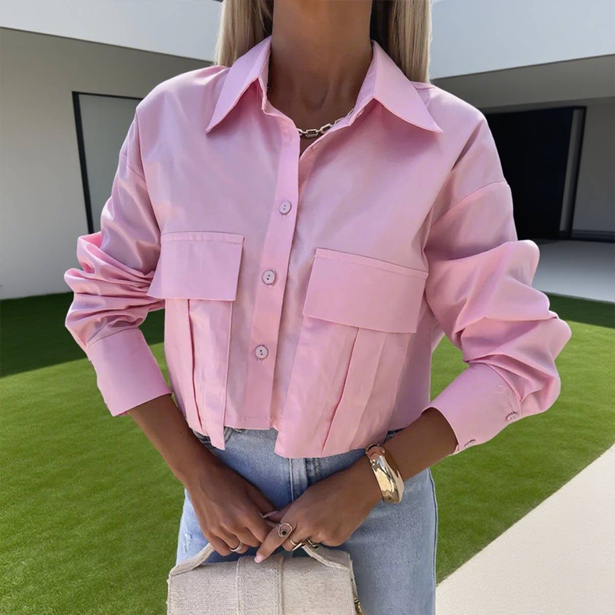 Solid-color bat-sleeved loose short shirt