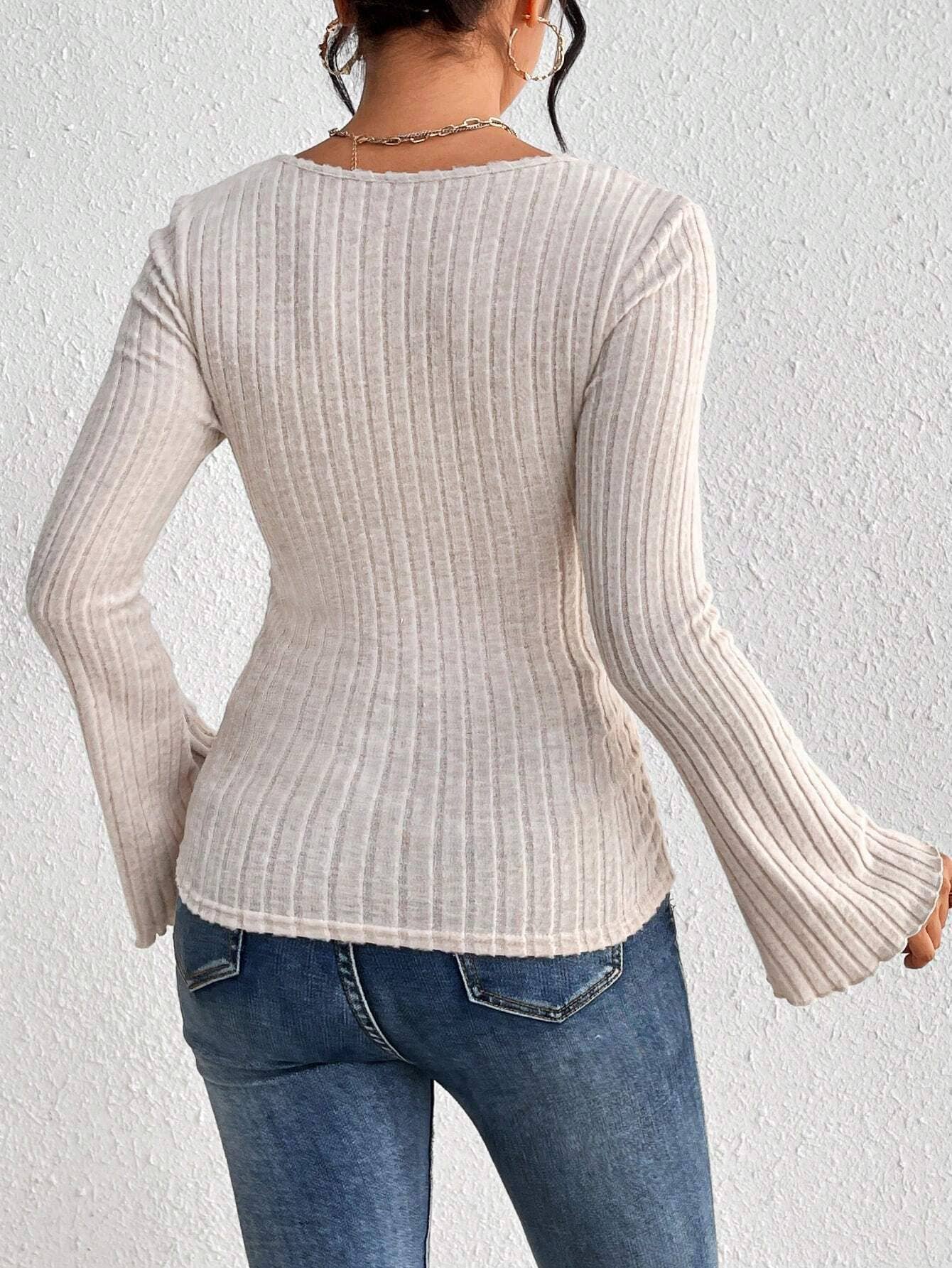 SQUARE COLLAR FLARED SLEEVE SLIM LONG SLEEVE TOP