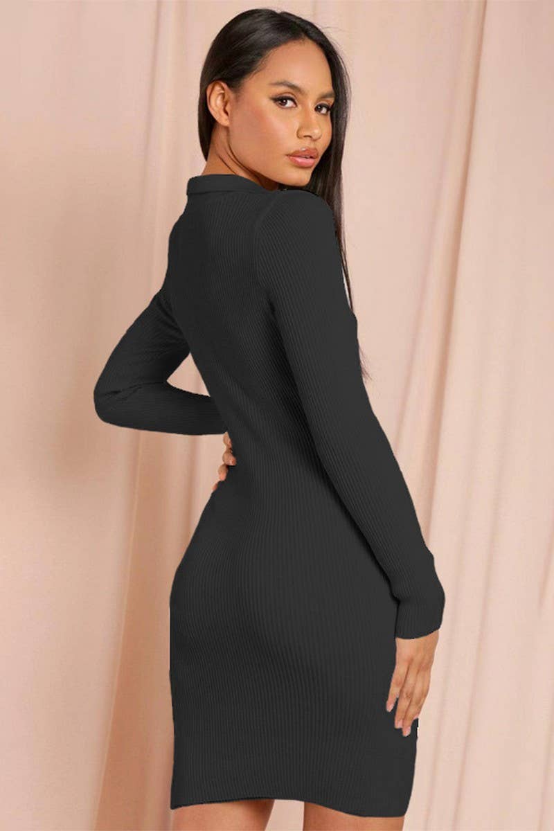 CWDSD7461_LAPEL RIBBED KNIT LONG SLEEVE BOTTOMING DRESS