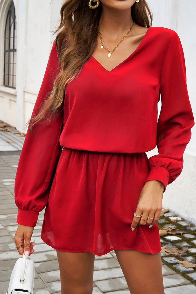CWDSD5613_V-NECK SOLID COLOR PUFF SLEEVE DRESS