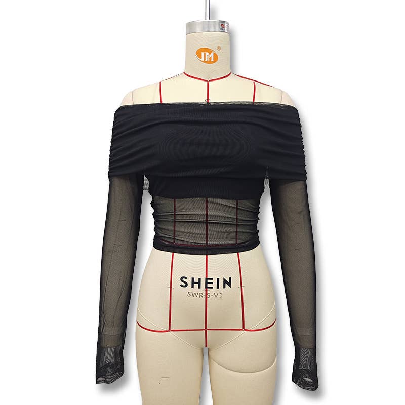 Solid color fit line neck gauze long sleeve top