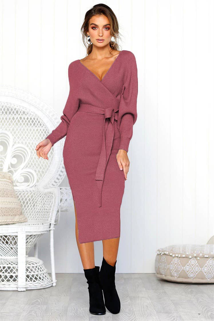 SEXY V-NECK LACE-UP LONG-SLEEVED DRESS