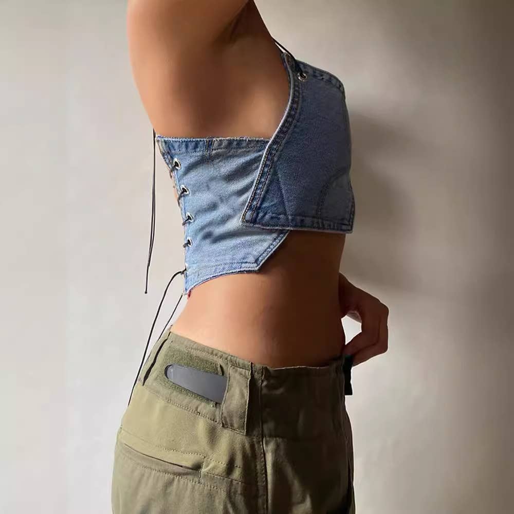 Unique denim strapless crop top streetwear
