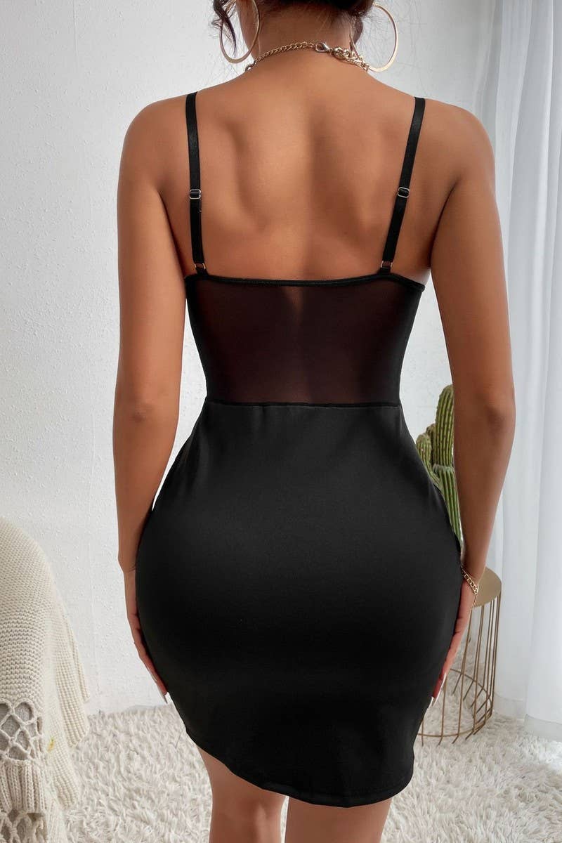 CWDSD7175_SOLID COLOR SEE-THROUGH SLING HIP DRESS