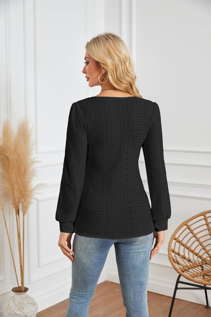 ROUND NECK T-SHIRT WITH HOLES AND PUFFY SLEEVES