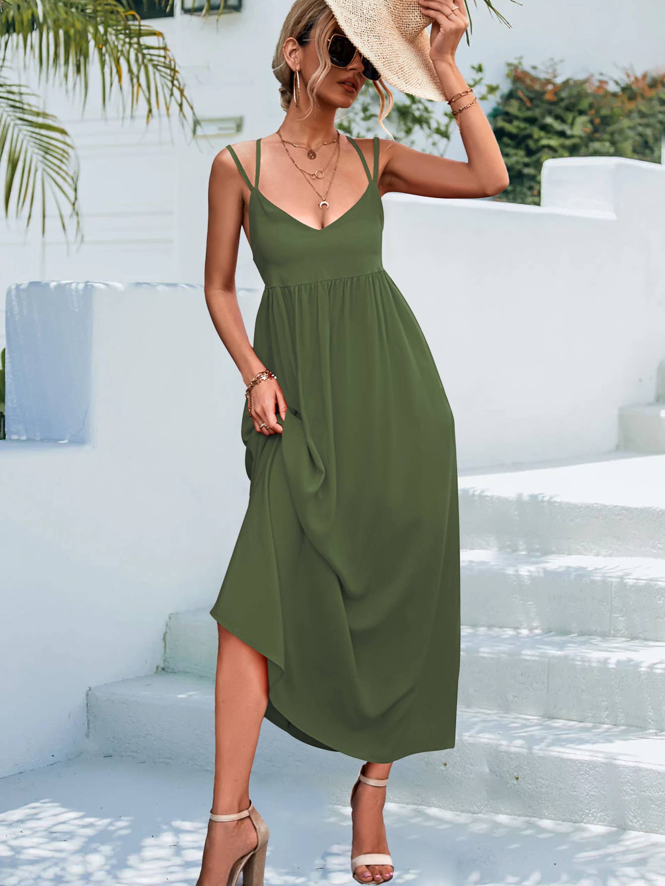 Sexy V-neck solid-color backless halter dress