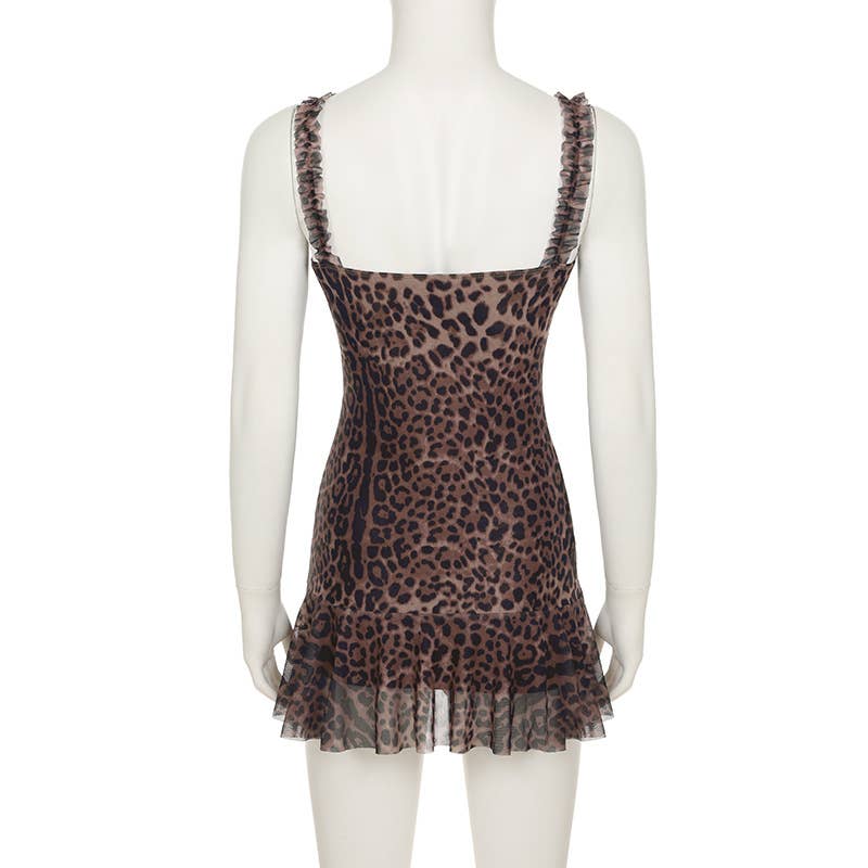 Leopard print sleeveless slim-fit V-neck dress