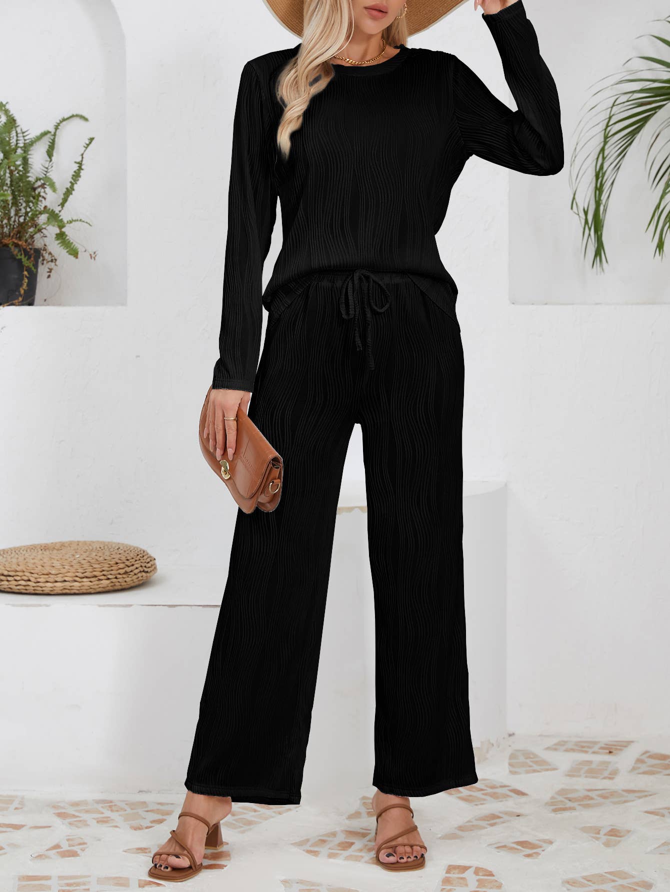 Solid-color knitted jacquard long loose suit
