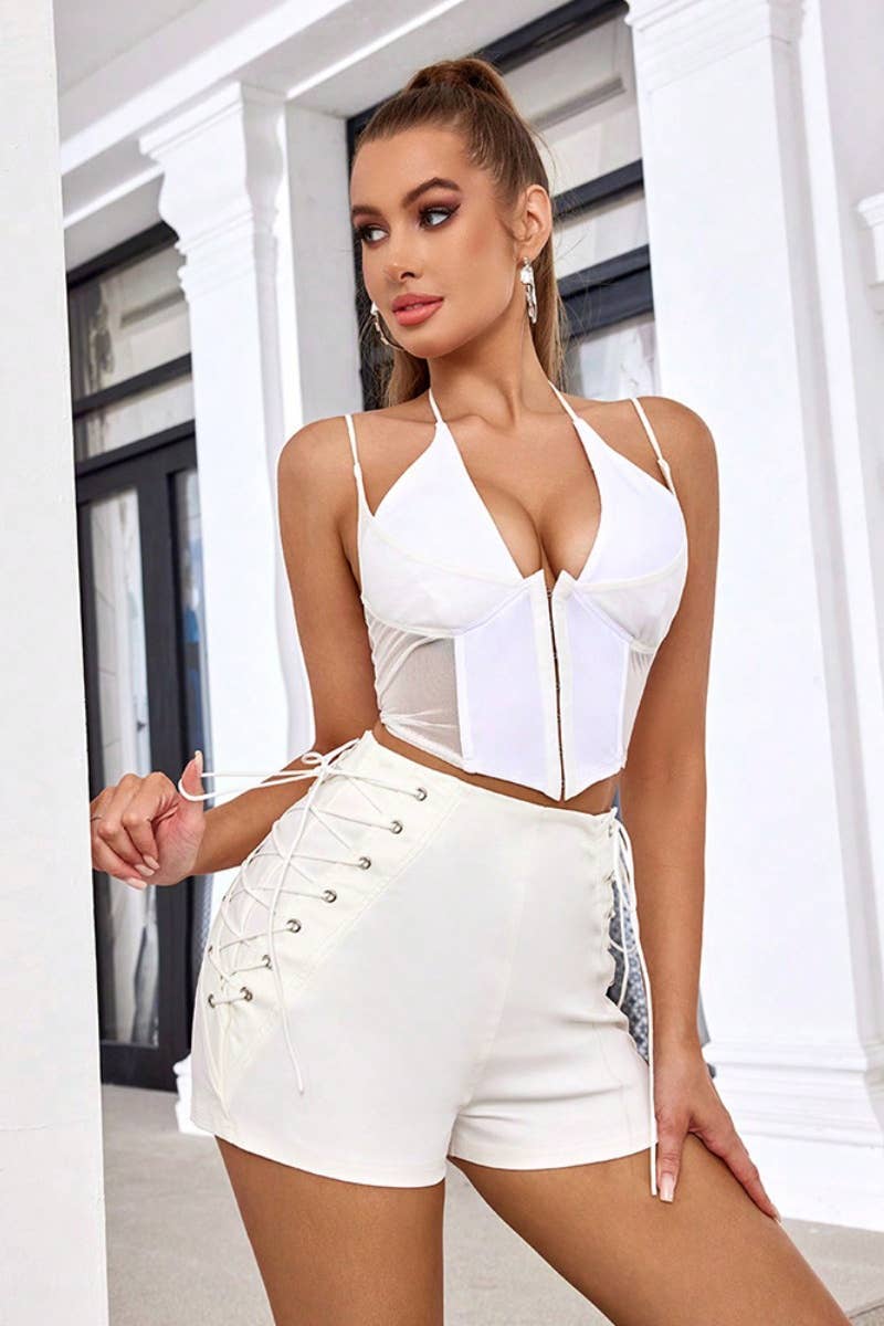 CWBSP0315_SUMMER SEXY CASUAL LACE-UP SLIM BODYCON SHORTS