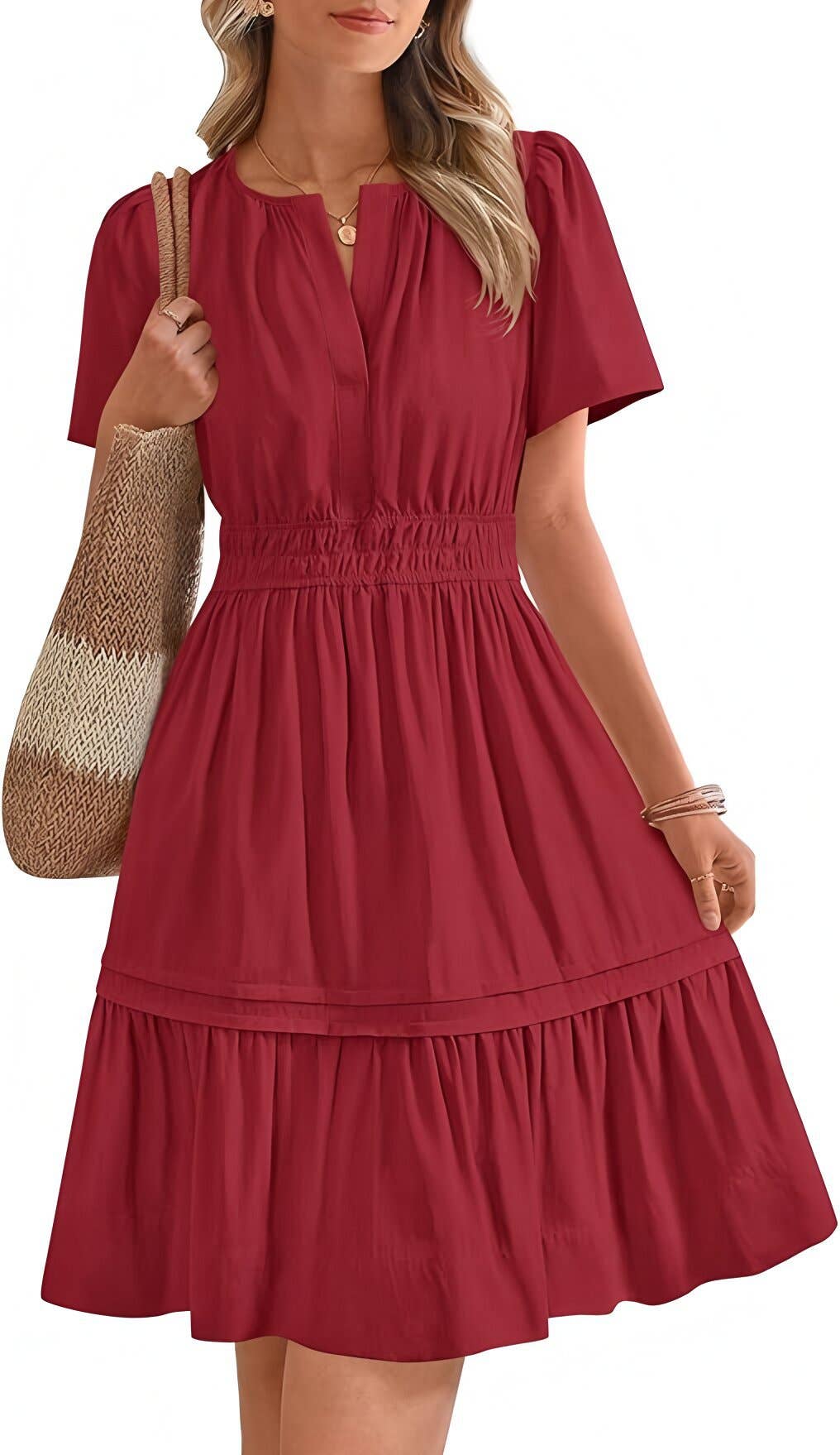 V-neck solid-color cinched waist short dress