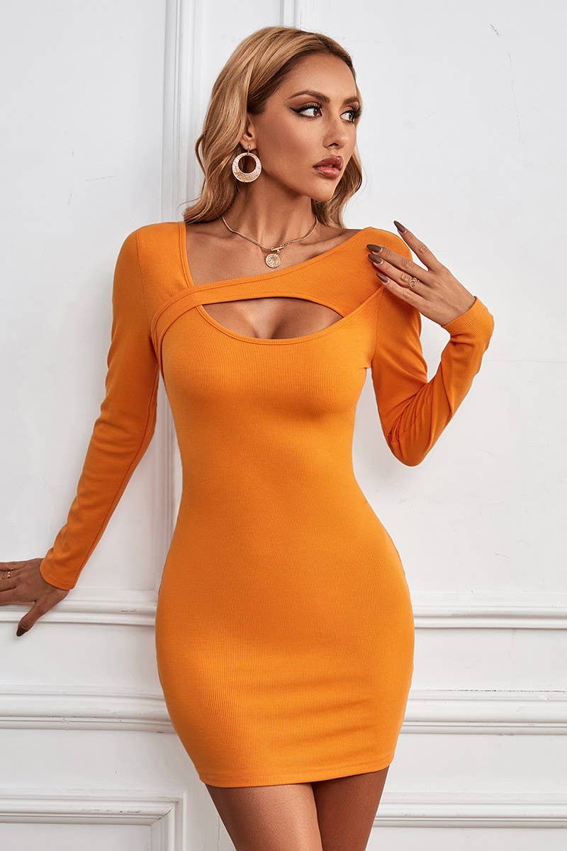 HOLLOW OUT IRREGULAR COLLAR WRAPPED HIP DRESS_CWDSD2730