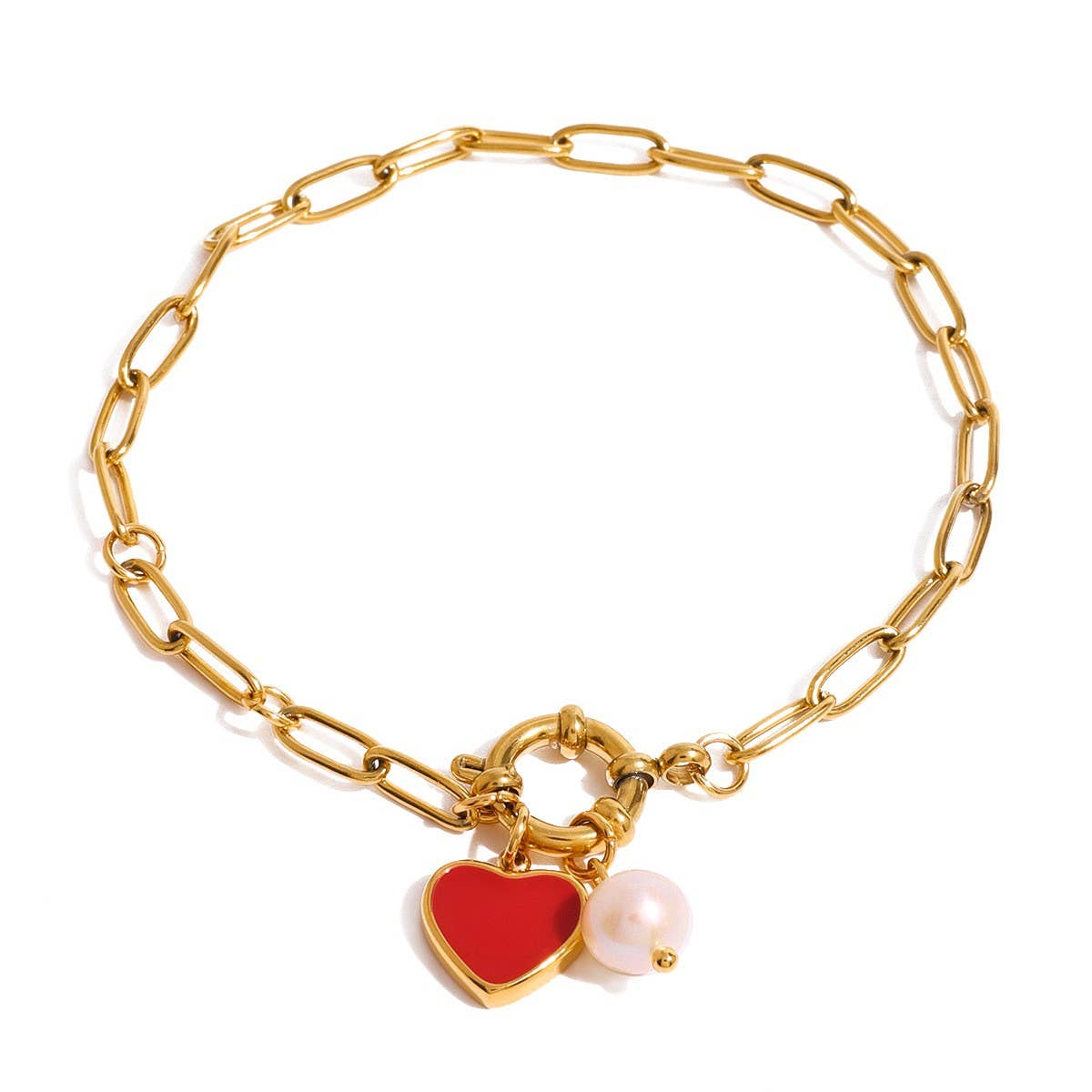 Luxury Pearl Bracelet with Enamel Heart Charm, 18K