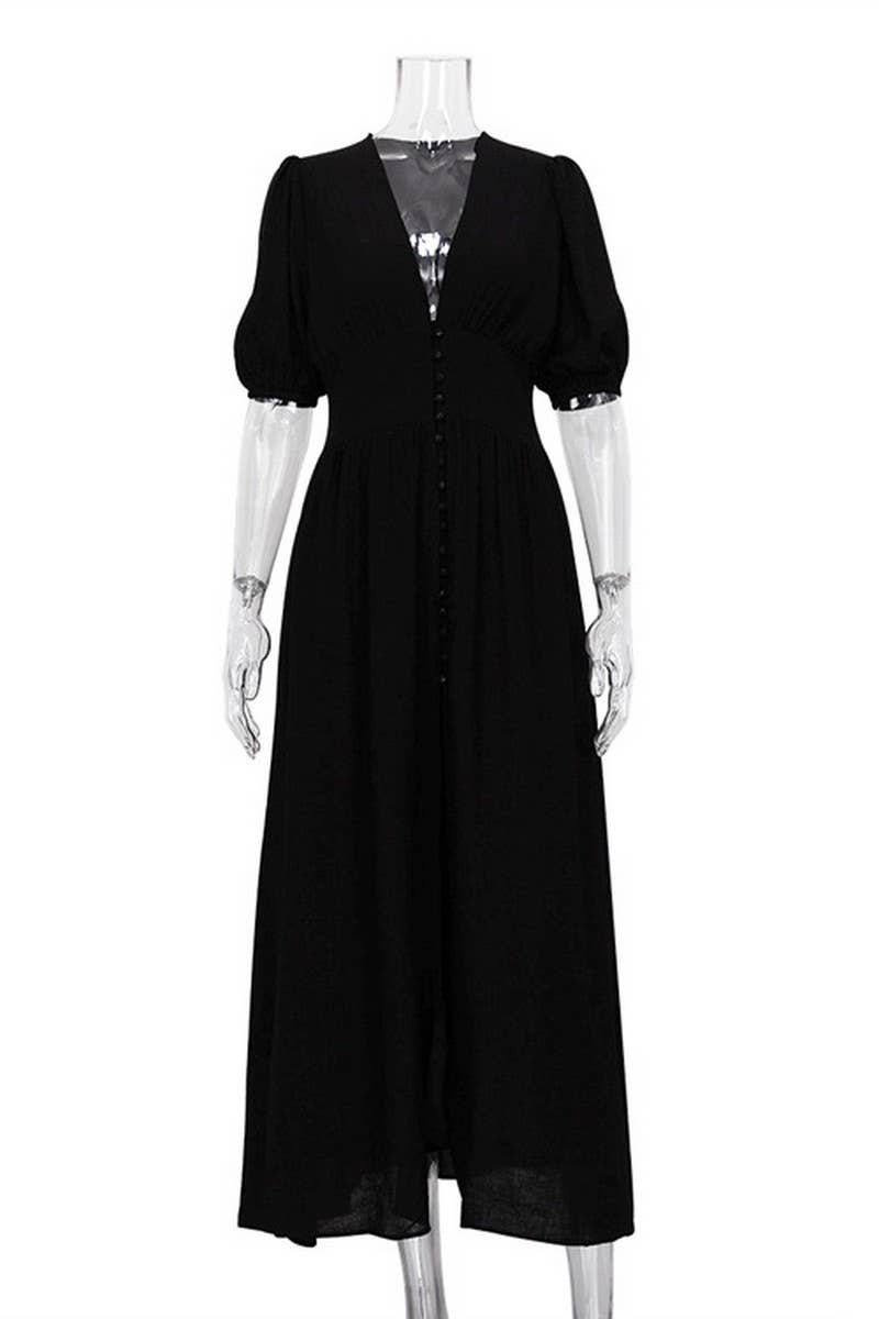 CWDMD3468_V-NECK BUTTON PUFF SLEEVE SLIM-FIT SLIT MAXI DRESS