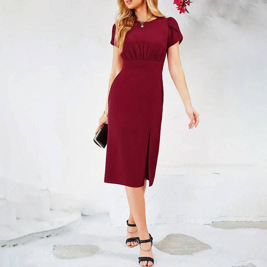 Pinched waist slit pleated dress