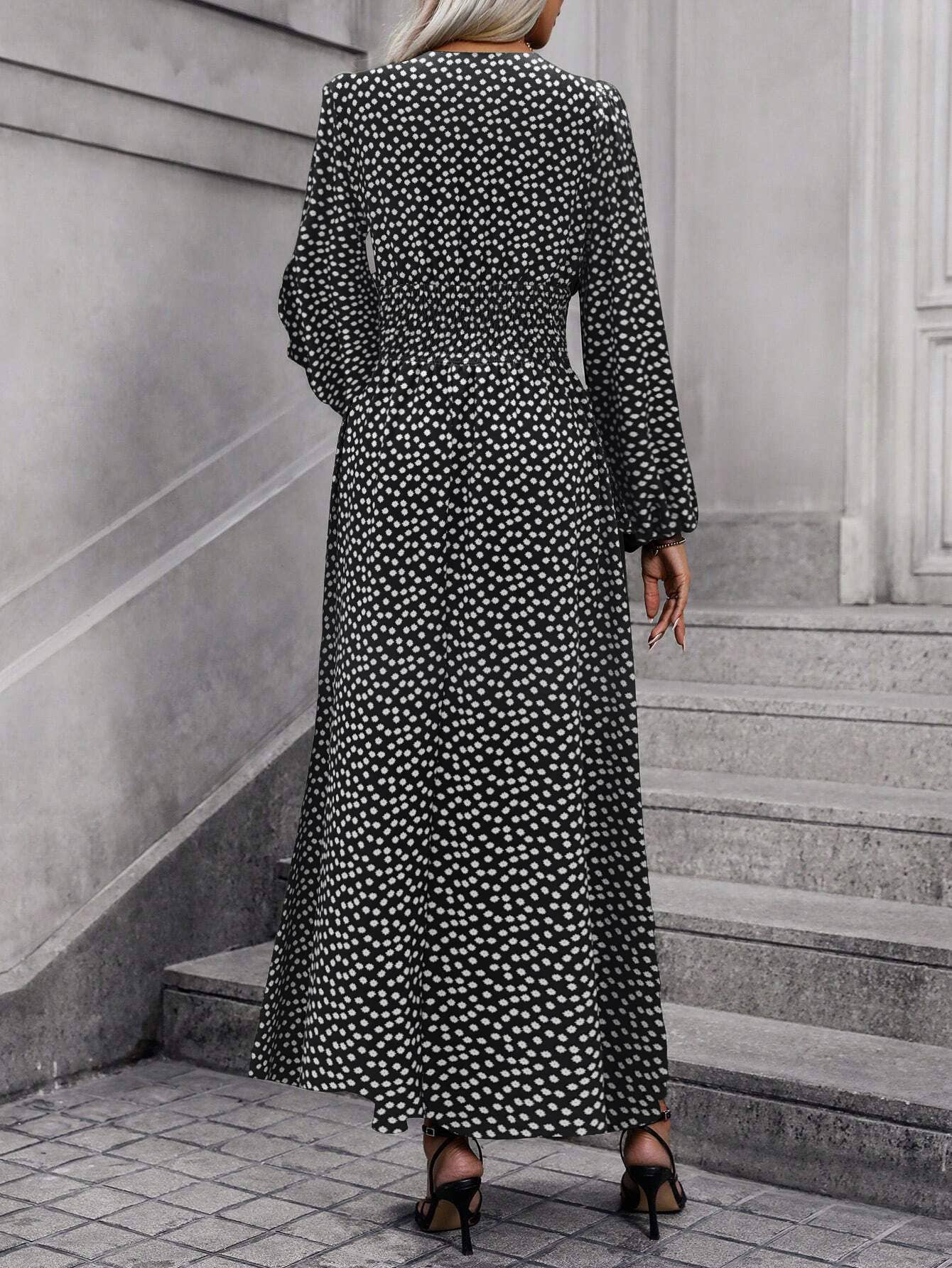 Lantern sleeve high slit V-neck dress