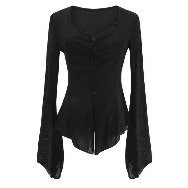 V-neck single breasted semi-transparent shirt