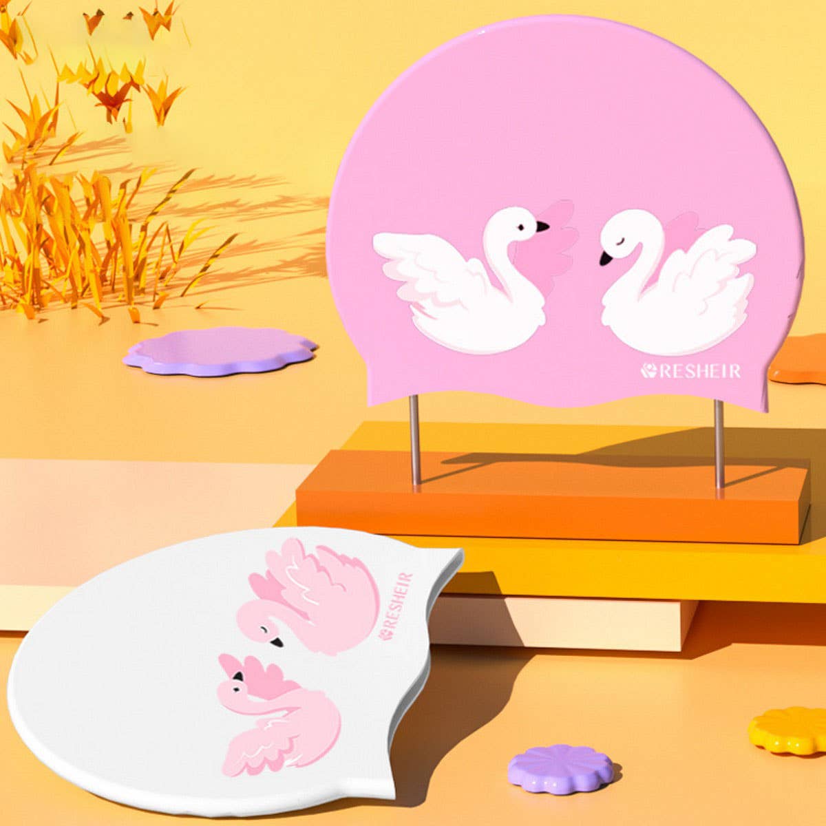 Kids Silicone Swim Cap - Cute Swan Print for Girls