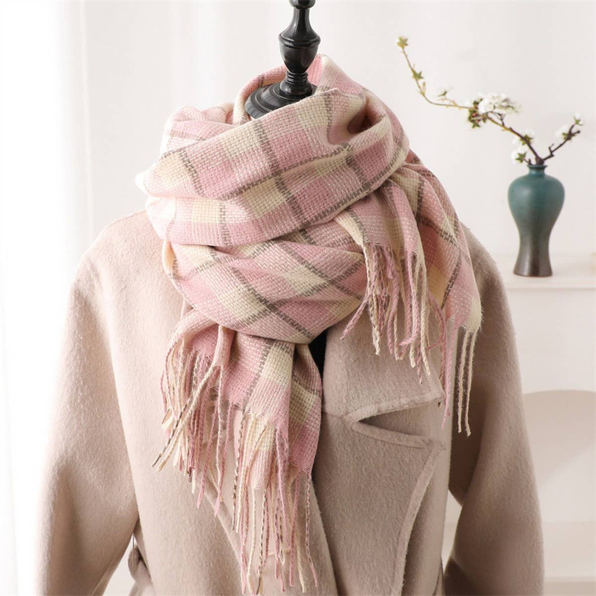 Plaid Faux Cashmere Scarf ??Cozy Long Fringe Wrap_CWASC1442
