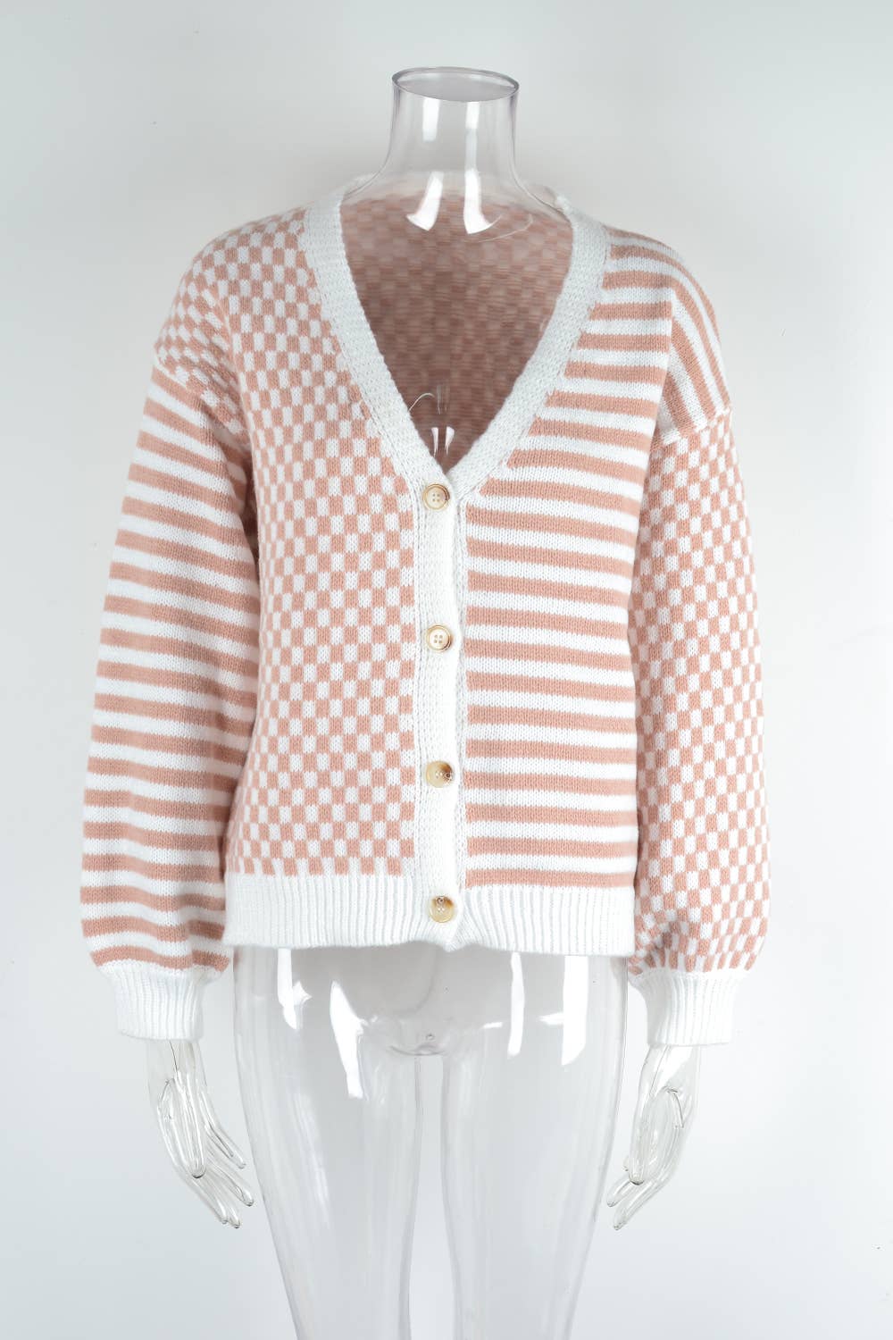 KNITTED PLAID PATCHWORK STRIPED CARDIGAN COAT