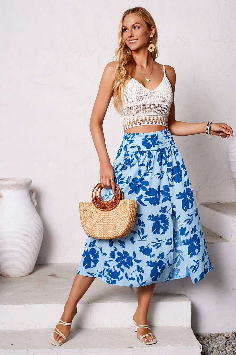 CWBMS0432_FLORAL RUCHED CASUAL SUMMER MIDI SKIRT