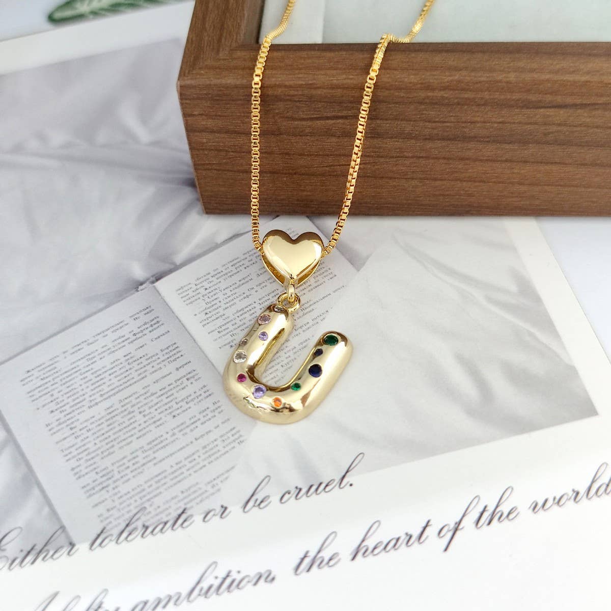Colorful Zirconia Heart Letter Pendant Necklace