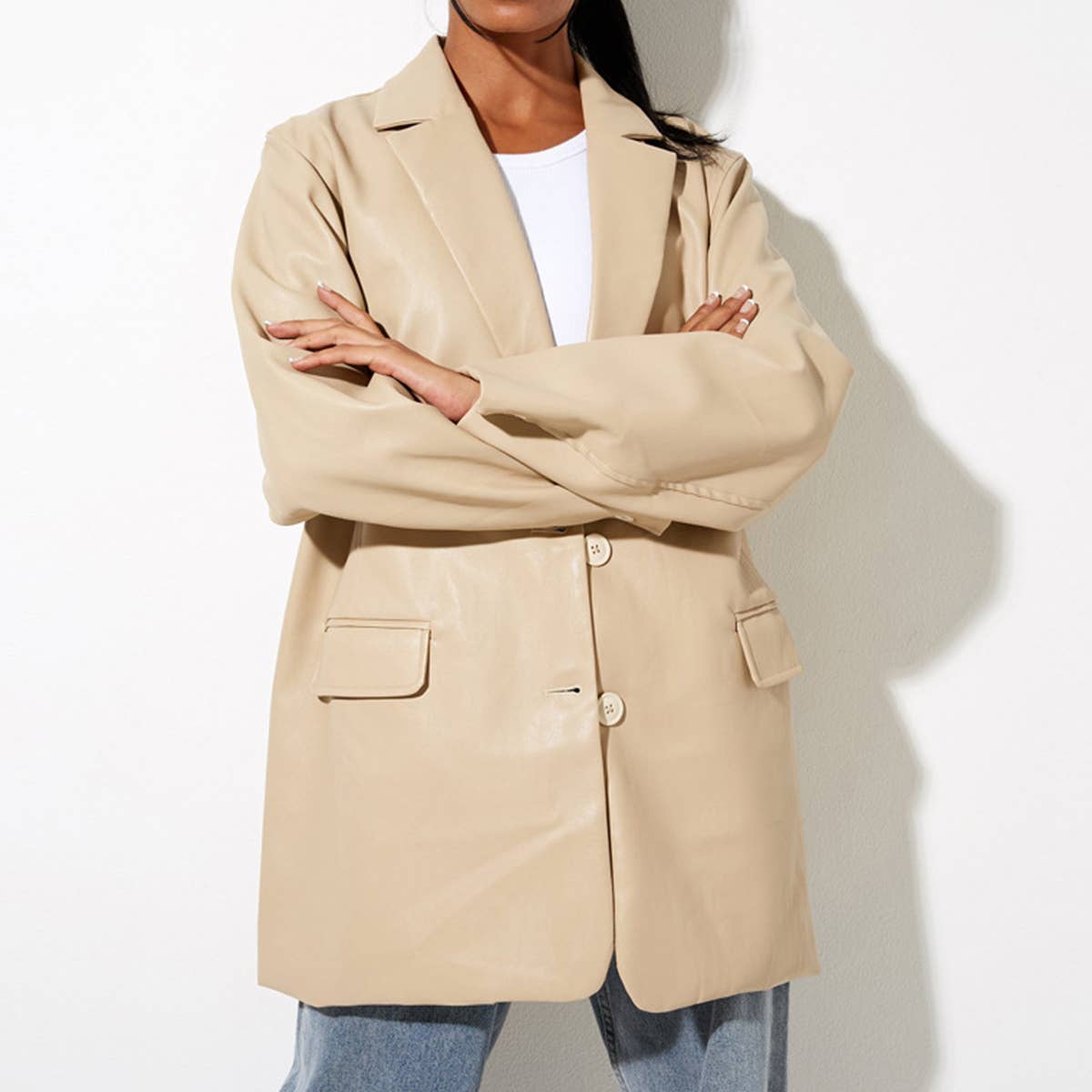 SOLID COLOR PU LEATHER LOOSE FASHION SUIT JACKET