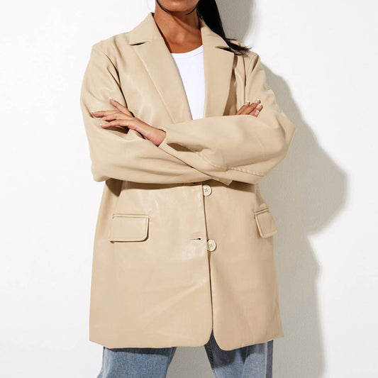 SOLID COLOR PU LEATHER LOOSE FASHION SUIT JACKET