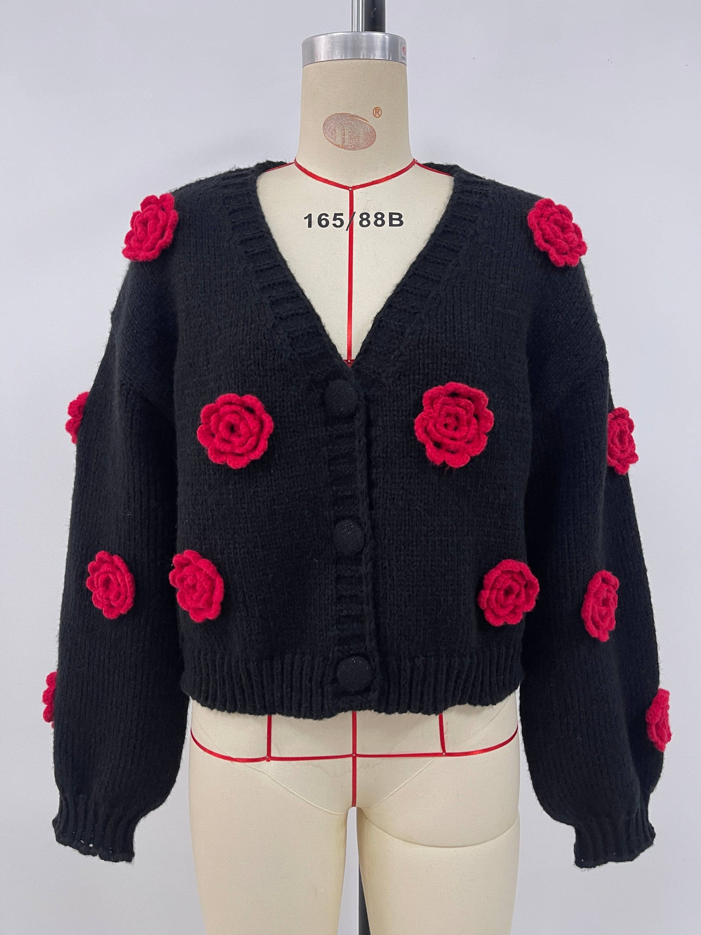 V-neck single-breasted floral knitted cardigan