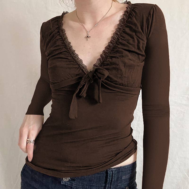 LACE PATCHWORK PLEATED LACE-UP LONG SLEEVE SHIRT