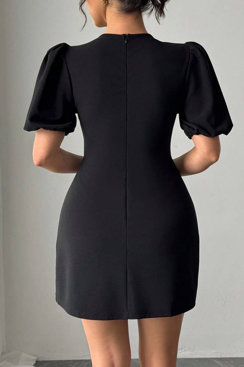 CWDSD8276_CRYSTAL BOW CUTOUT PUFF SLEEVE CINCHED DRESS