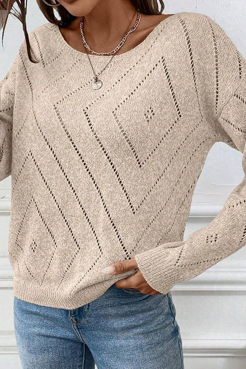 CWOSWL07353_LOOSE HOLLOW OUT DIAMOND KNIT CREWNECK TOP