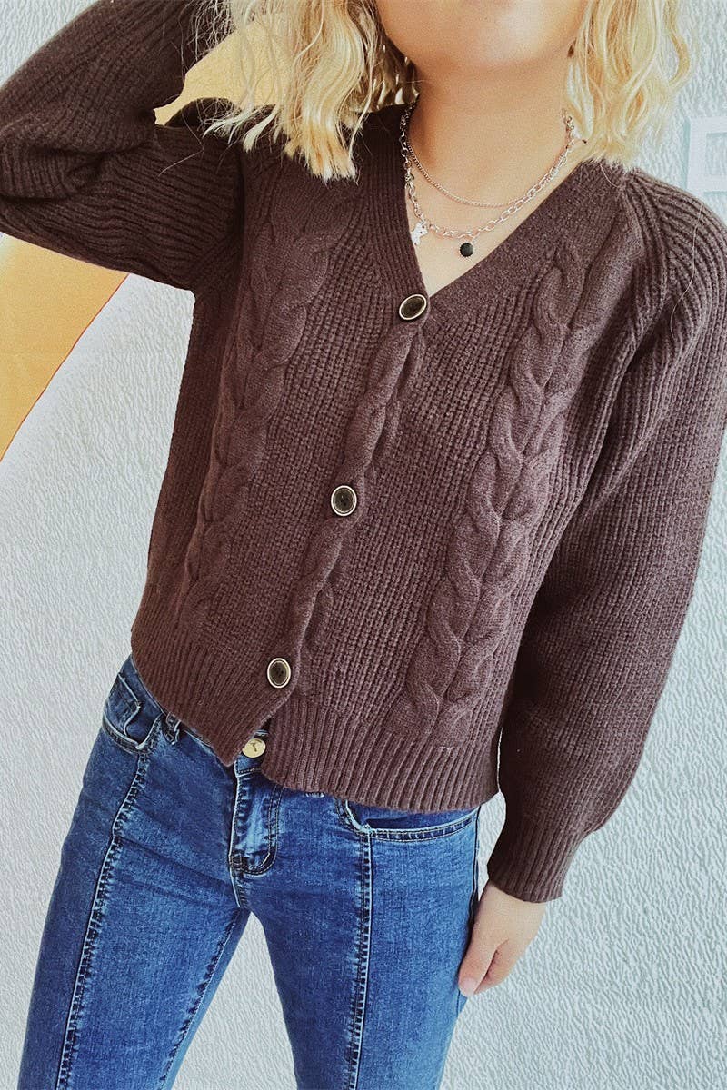 V-neck thick needle hemp flower short cardigan