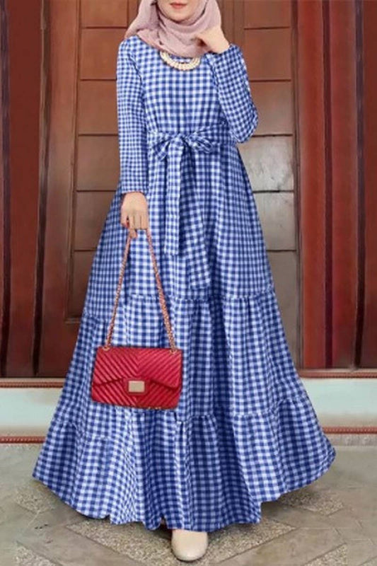 CWDMD3271_ROUND NECK PLAID BELT FULL SLEEVE MUSLIM DRESS
