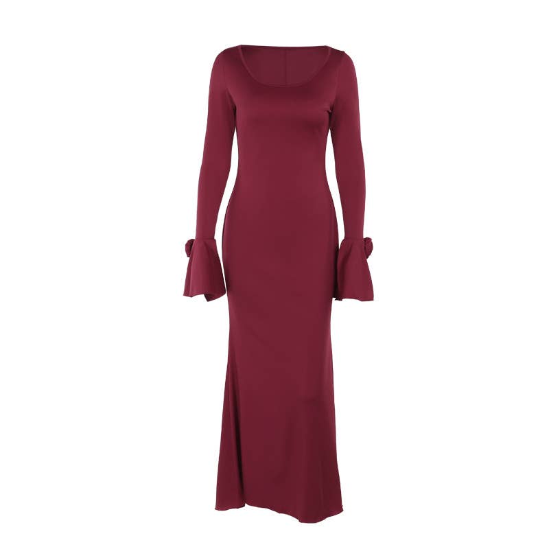 ELEGANT CREW-NECK ROSE LONG-SLEEVED DRESS