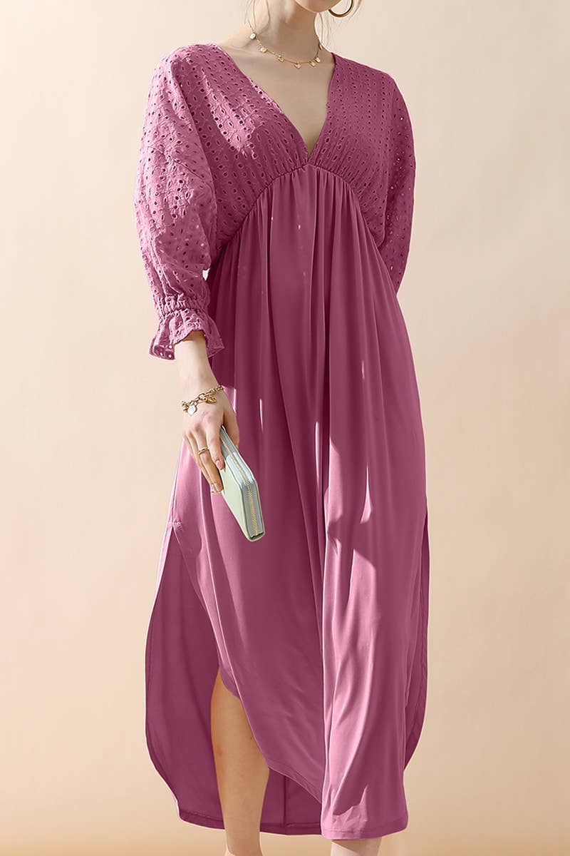 CWDMD795_3/4 SLEEVE V NECK LONG DRESS