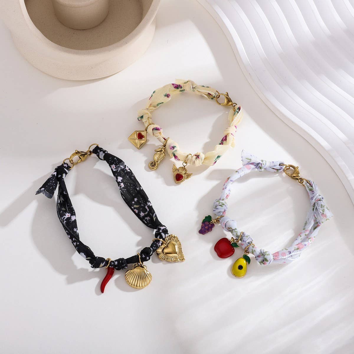 Unique Handmade Silk Bracelet with Metal Pendant