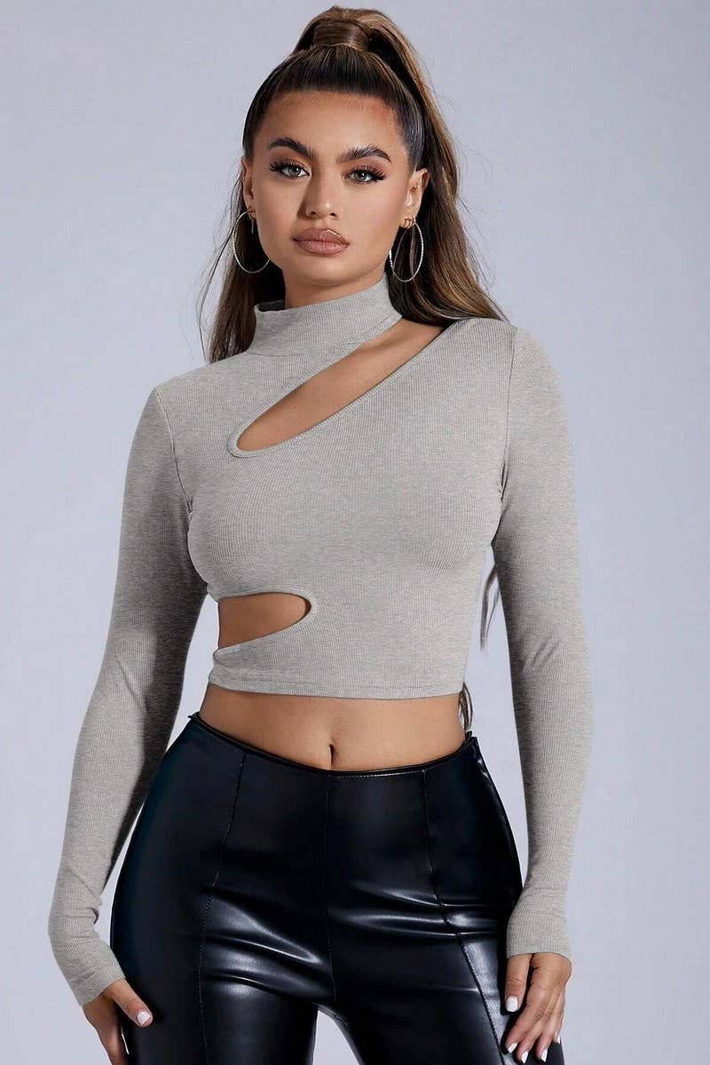 CWDSD6476_HALF TURTLENECK HOLLOW LONGSLEEVE SHORT TIGHT TOP