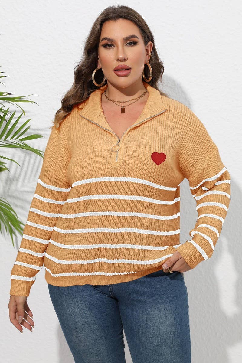 CWOSWL1593_PLUS Size Zip-Up Long Sleeve Pullover Sweater