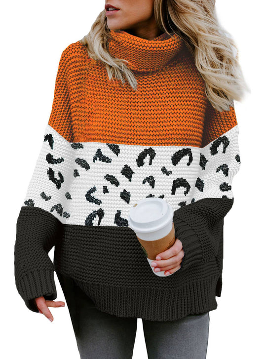 Leopard print patchwork lazy loose fashion pullover sweater