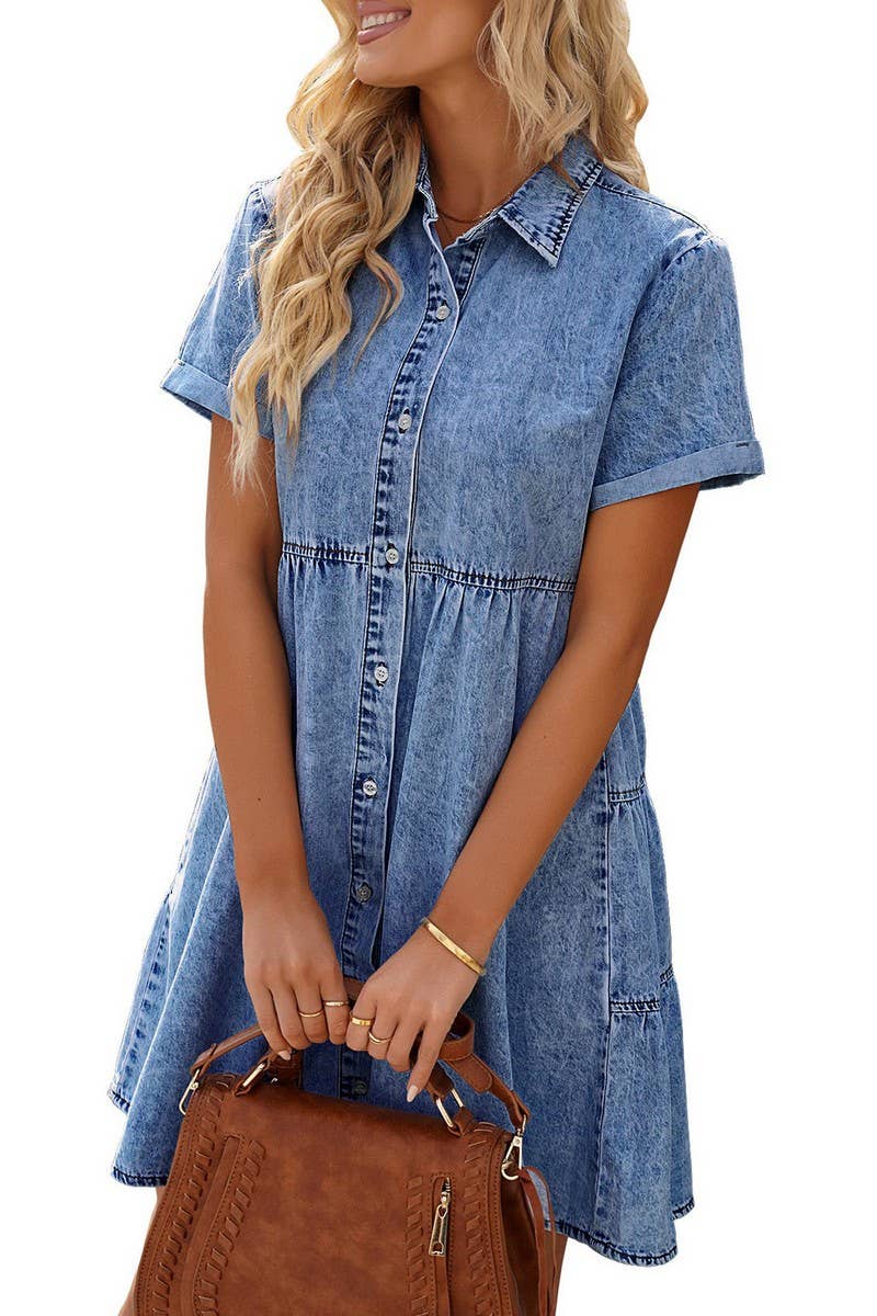 CWDSD5998_DENIM CASUAL SHORT-SLEEVED MIDI DRESS